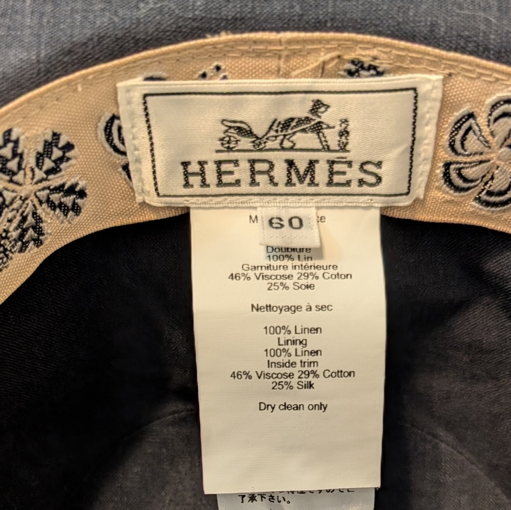 New With Tags Hermes Mens Women's Gray Black Fedora Hat Linen Derby 60 - Picture 7 of 12